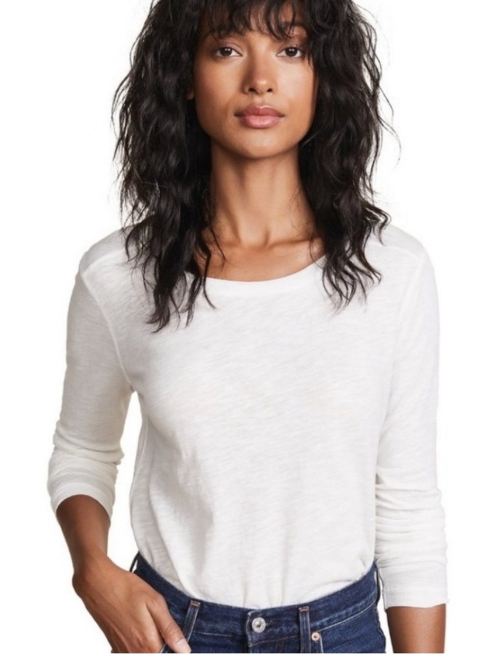 Madewell White Long-Sleeve Pleated Crew Tee